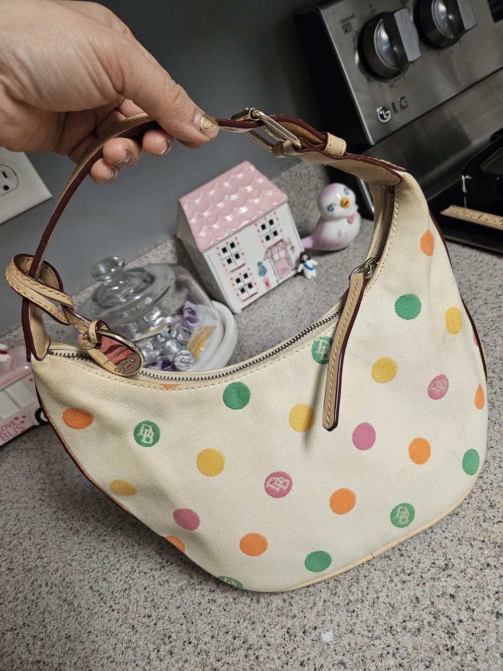 Dooney & Bourke Cream Shoulder Bag with Multicolor Polka Dots - Picture 8 of 16